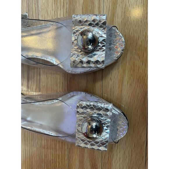 RARE vintage Stuart Weitzman Silver Snakeskin Wedge Heels Metallic And Clear - Picture 2 of 4